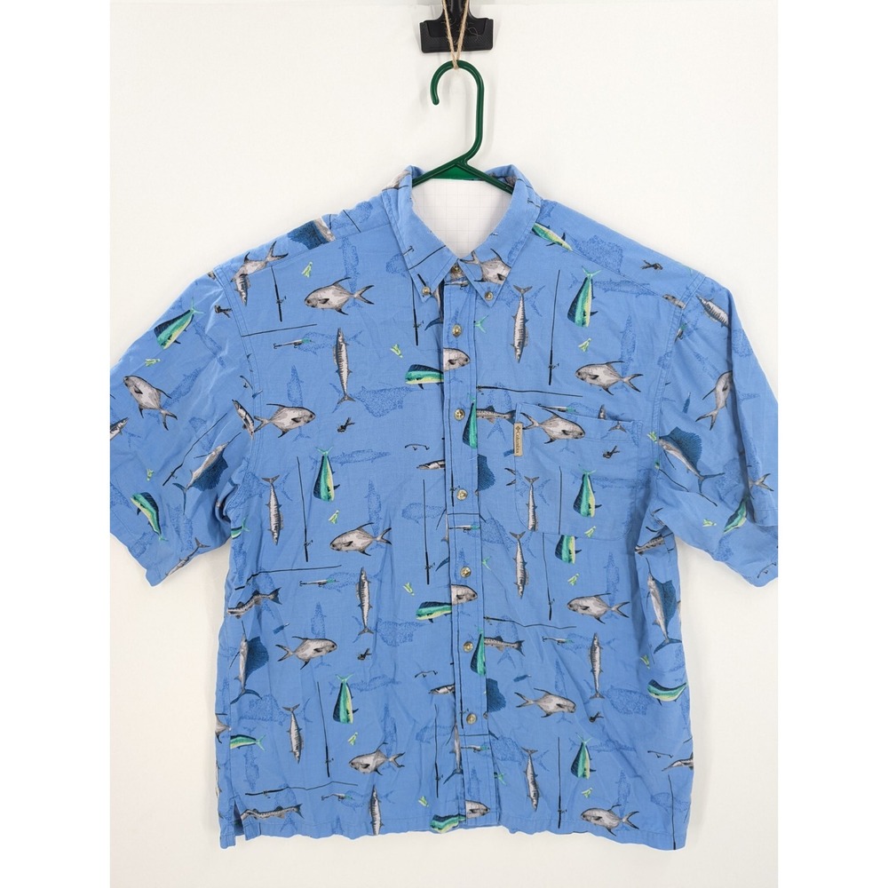 Vintage Columbia Men's Blue Ocean Fish Short Sleeve Shirt, Size Large, Soft